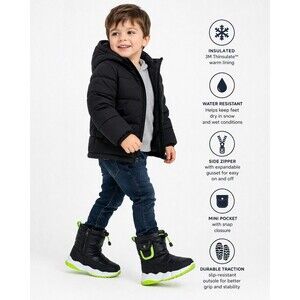 Kids Snow Boots Black Neon Green Insulated Waterproof Zip US 12 Toddler